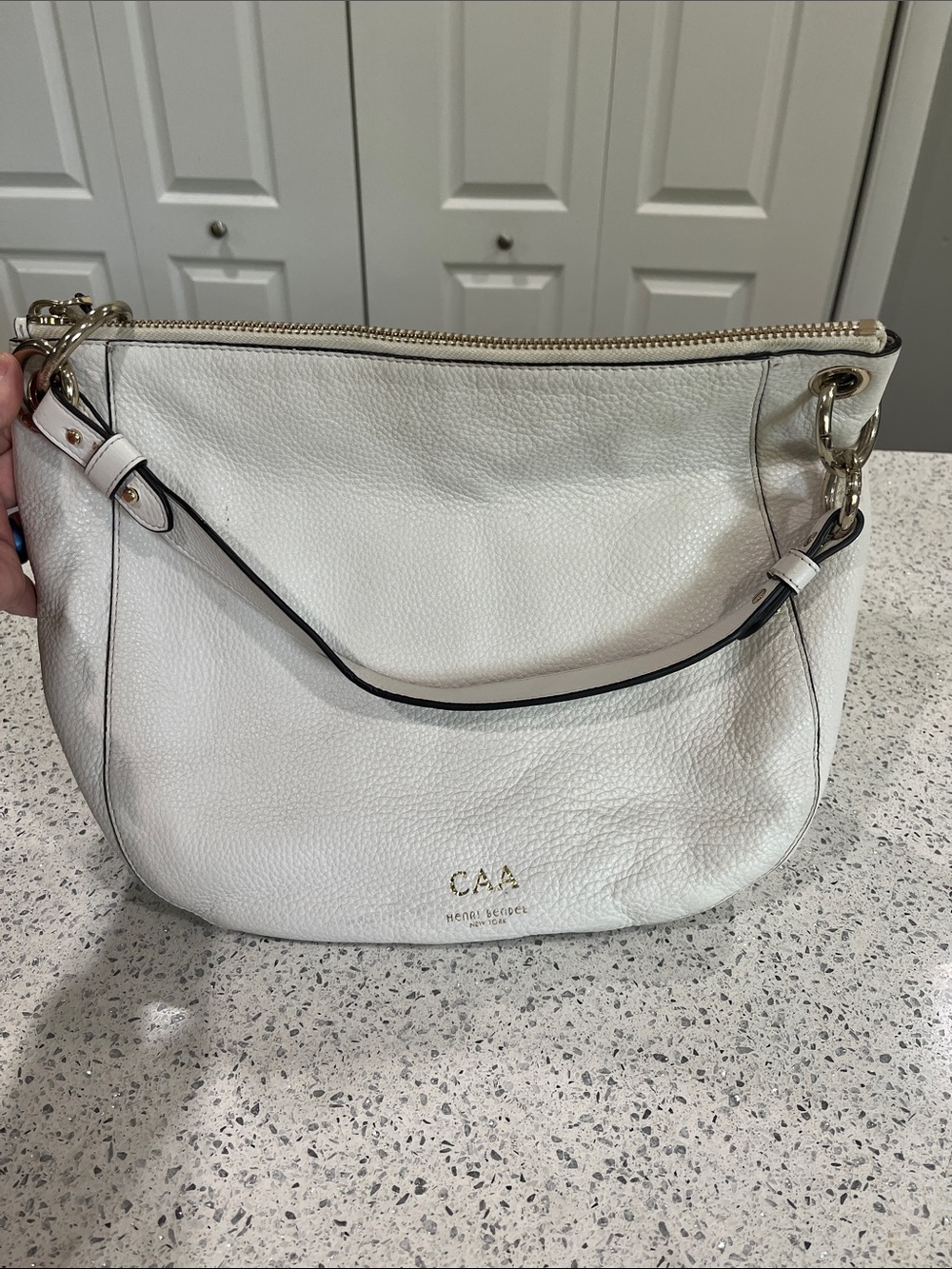 Henri Bendel White Pebbled Leather Shoulder Bag with Gold Hardware